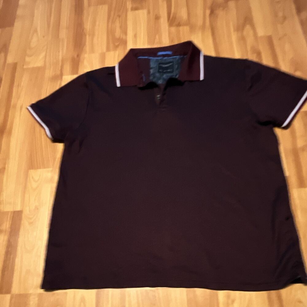 Denim & Flower Men's Polo Shirt Burgundy L Solid Knit SS Button Collar Trim